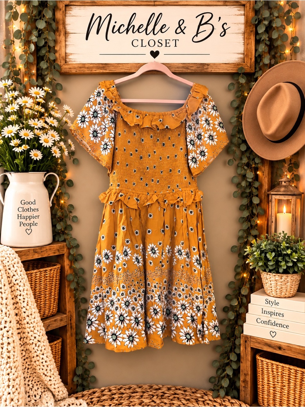 Michele Mustard Daisy Smocked Flutter Dress